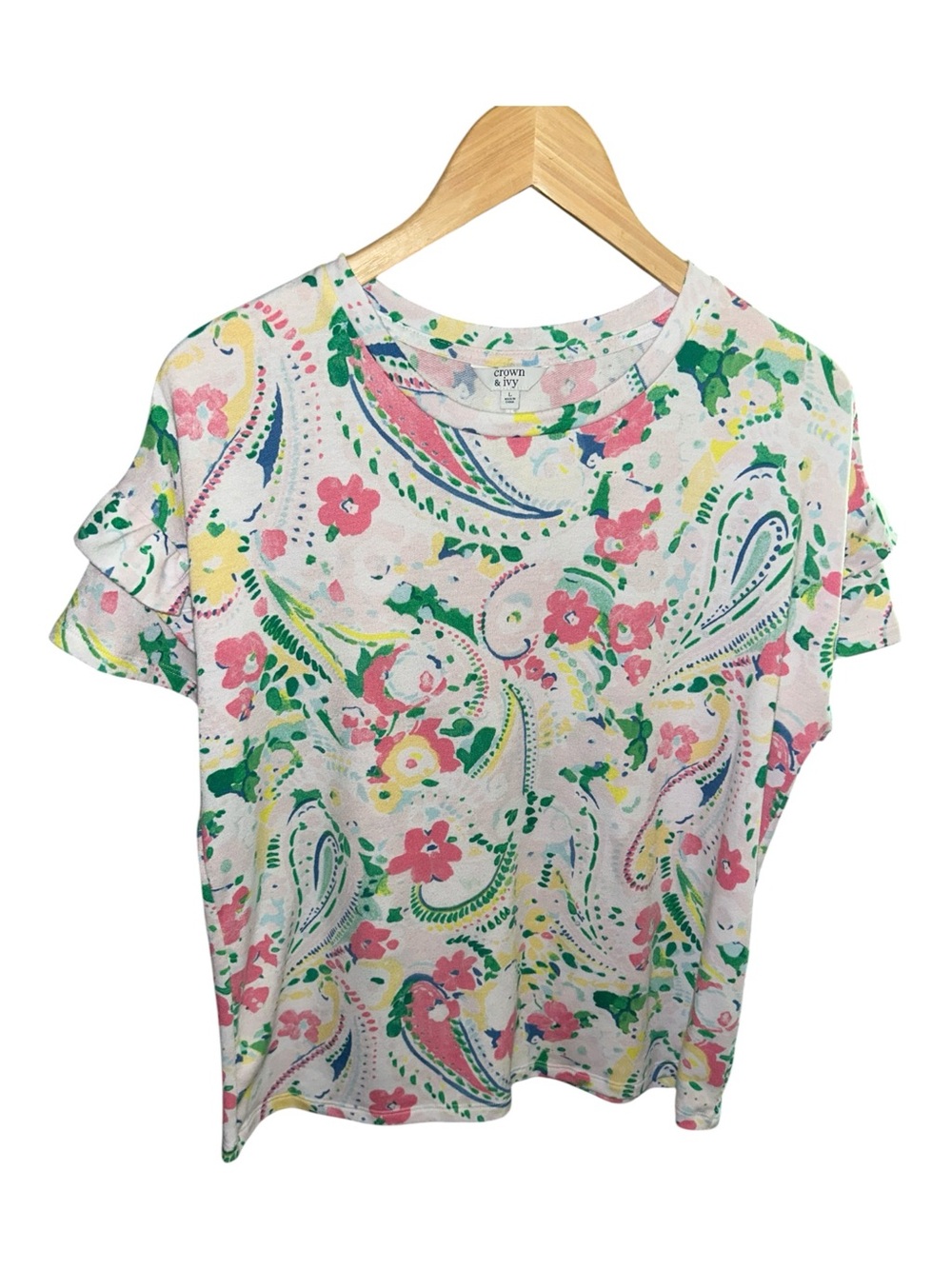crown & ivy White Floral Paisley Ruffle-Sleeve Tee in Pink, Green, Yellow